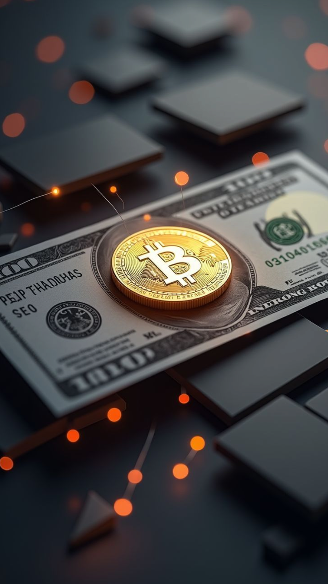 Bitcoin positioned over a traditional currency and digital network